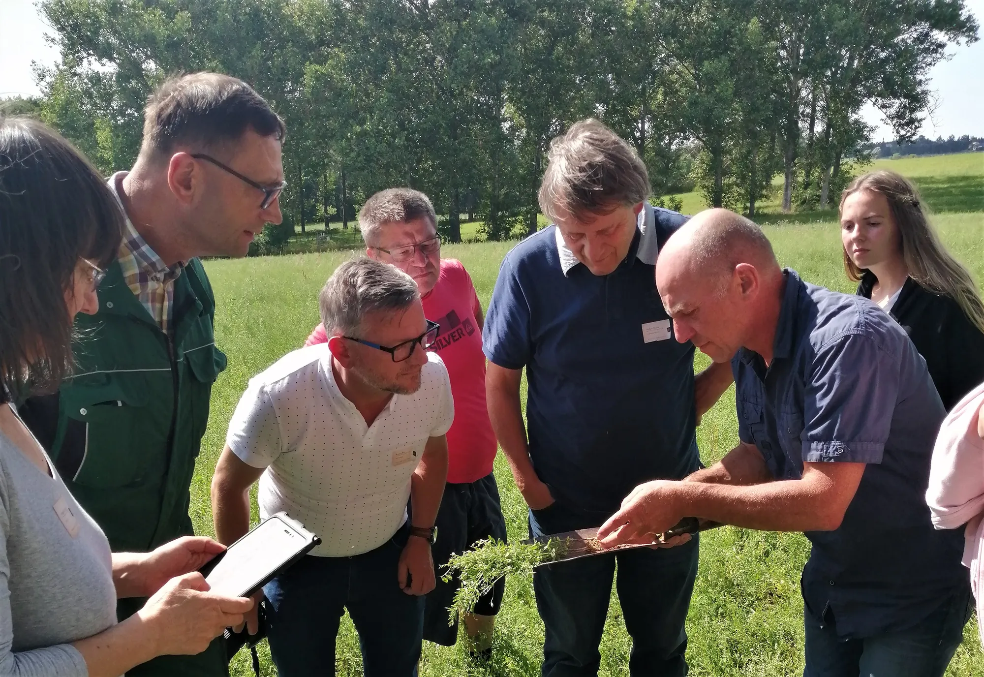 Landwirt zeigt Zuschauern die Besonderheiten einer Leindotterpflanze auf einem Feld