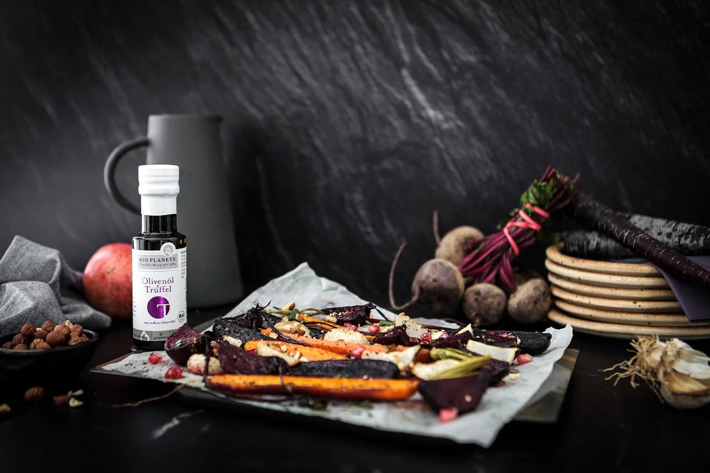 Ofengemüse mit Granatapfelkernen und BIO PLANETE Trüffelöl